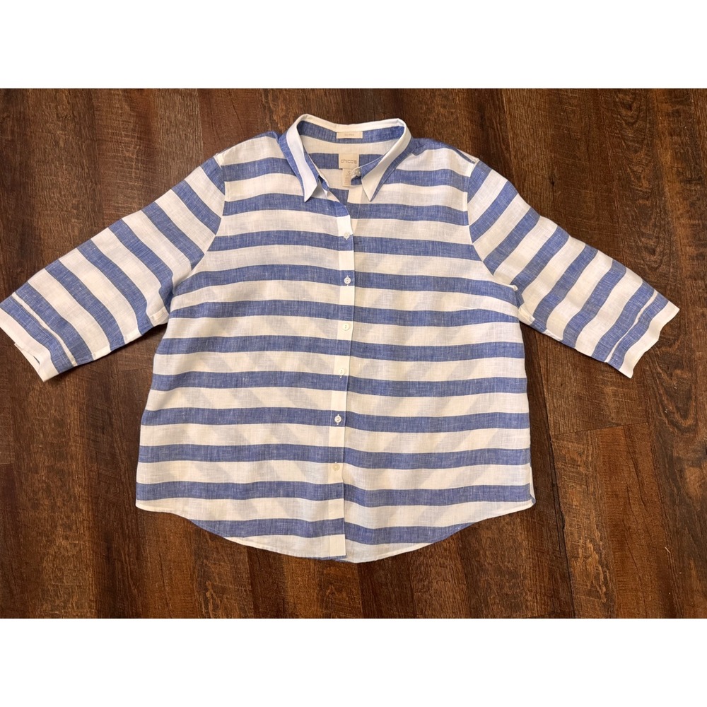 Chico's No-Iron Linen Striped Button Down Shirt Size 3 Petite XL Petite